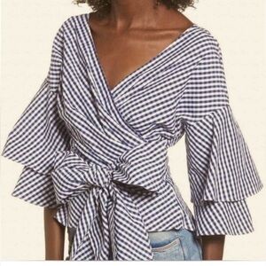 Wayf Wrap Top Wrap Around Blue White Gingham Peplum Sleeve Ruffle Size M NWT